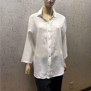 100% Linen Elegant Meo Meli Women's White Button-Down Shirt with back buttons